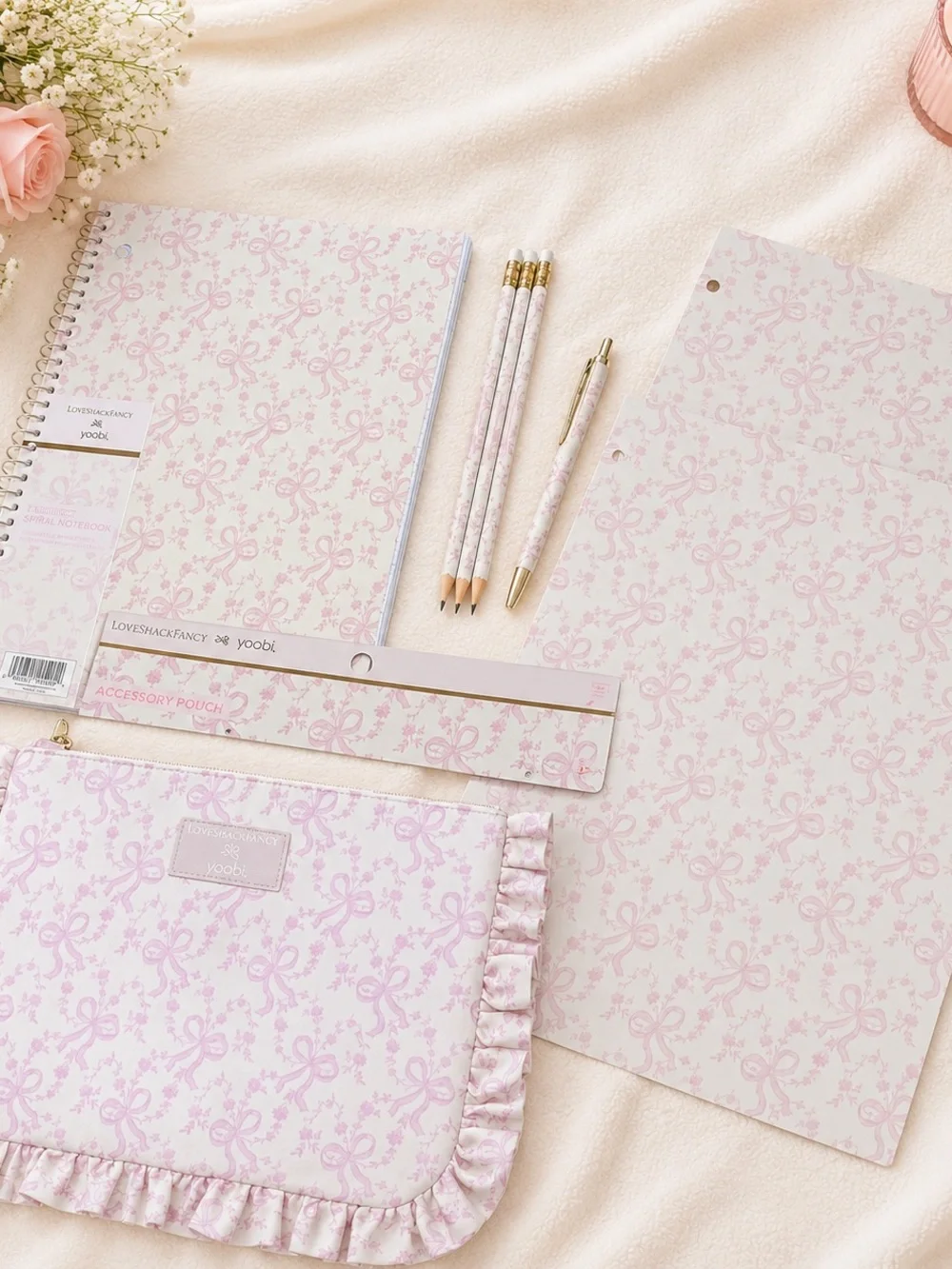 Loveshackfancy x target pink coquette bow notebook pencil pen divider pouch Set